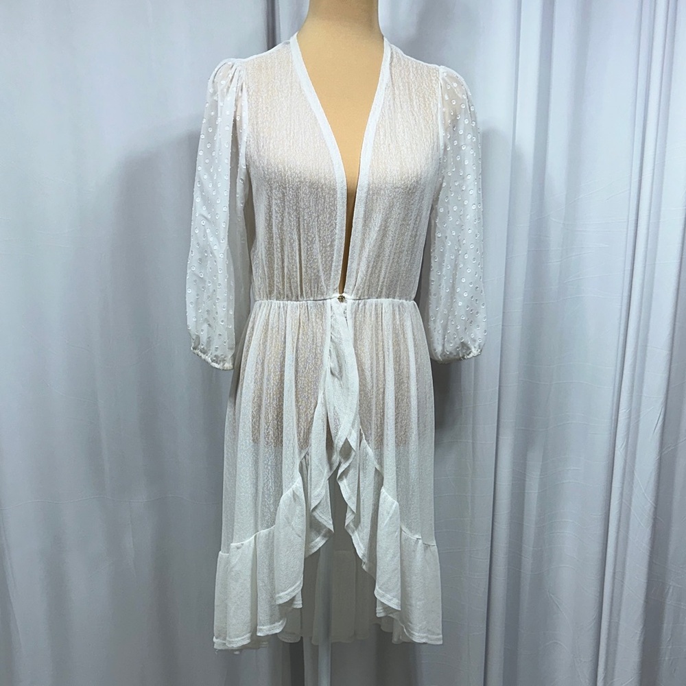 Light White Asymmetrical Tie-Front Dress with Sheer Dotted Sleeves